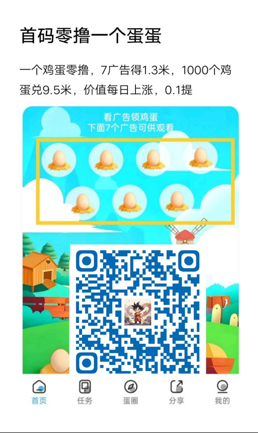 一个鸡蛋零撸，7广告得1.3米，1000个鸡蛋兑9.5米，价值每日上涨，0.1提-K6
