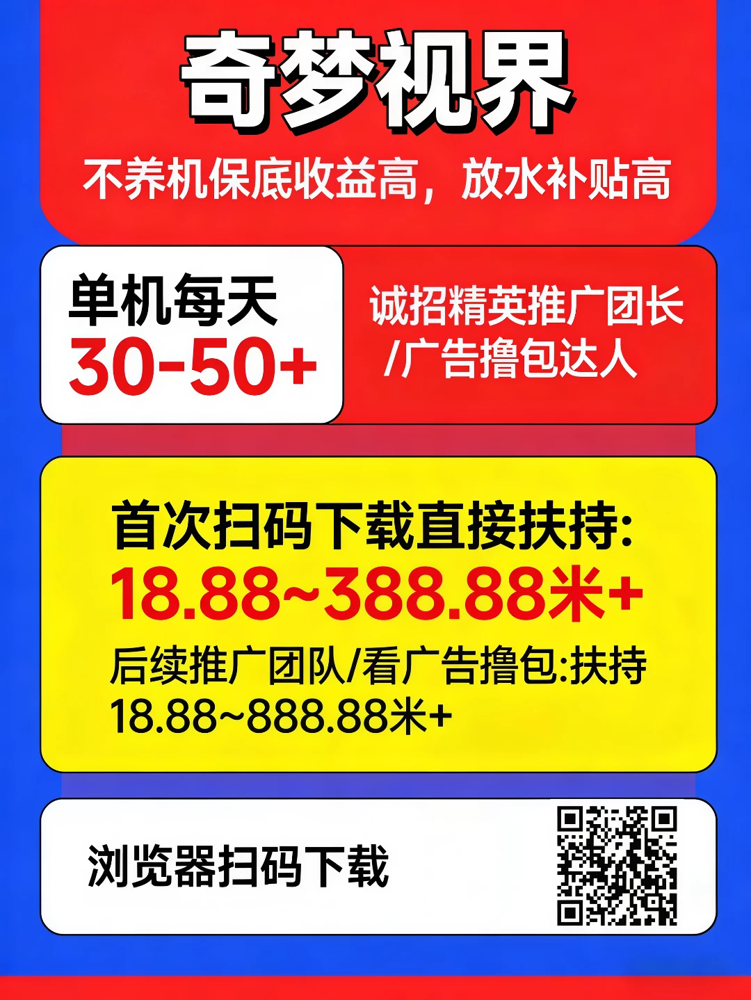 奇梦视界首码，不养机每天50+，高额扶持-K6