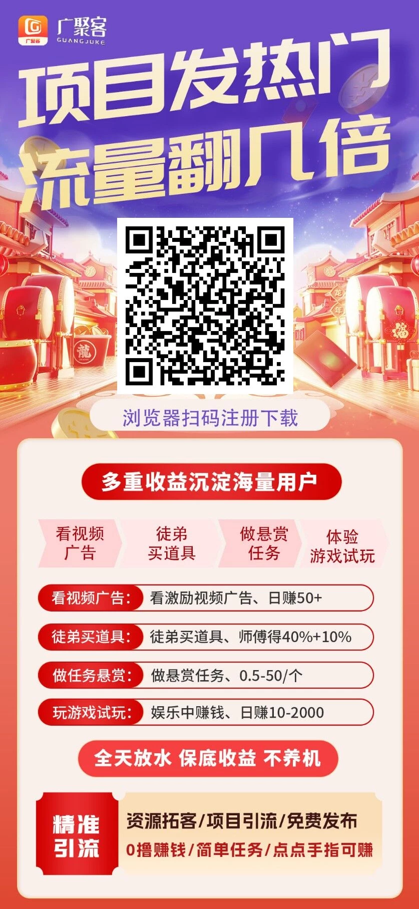 广聚客首码，零撸广告赚，保底收益高不养机，放水中-K6