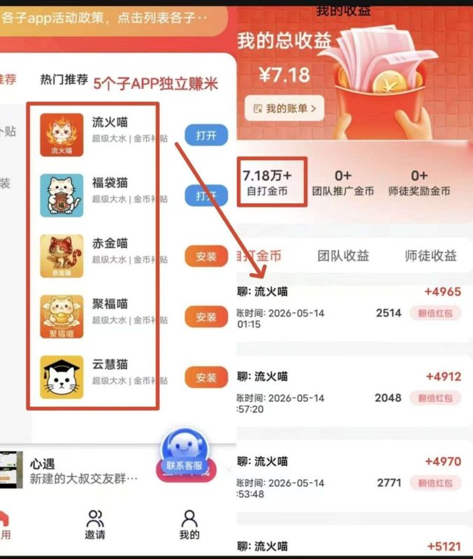 新出班专猫6款APP轮着打每天保底60+，APP还会一直增加-项目首码